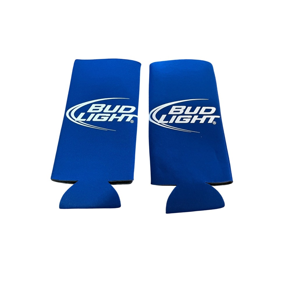 Bud Light Slim Can Cooler Sleeves Blue Neoprene Insulators Set of 2 Beer Soda